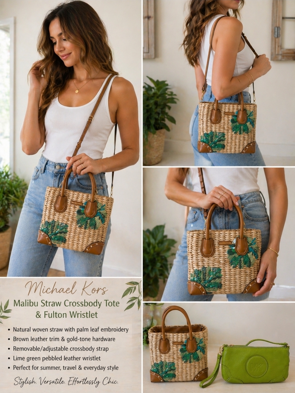 Michael Kors Malibu Straw Crossbody Tote Palm Leaf Embroidery + MK Wristlet - Picture 15 of 15